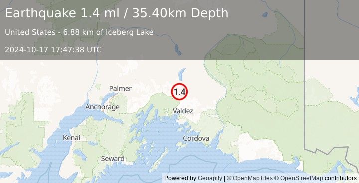 Earthquake 45 km N of Valdez, Alaska (1.4 ml) (2024-10-17 17:47:38 UTC)