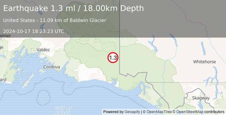 Earthquake 101 km SE of McCarthy, Alaska (1.3 ml) (2024-10-17 18:23:23 UTC)