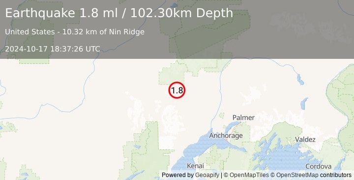 Earthquake 41 km WNW of Skwentna, Alaska (1.8 ml) (2024-10-17 18:37:26 UTC)