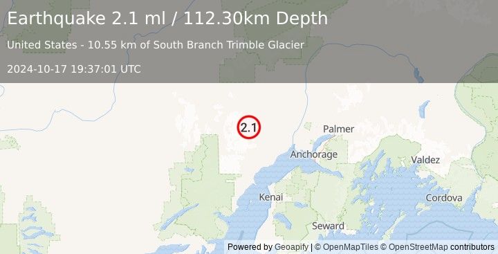 Earthquake 50 km SW of Skwentna, Alaska (2.1 ml) (2024-10-17 19:37:01 UTC)