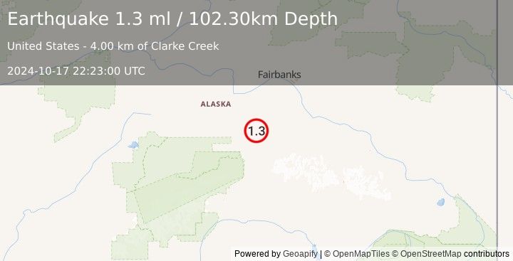 Earthquake 34 km ENE of Ferry, Alaska (1.3 ml) (2024-10-17 22:23:00 UTC)