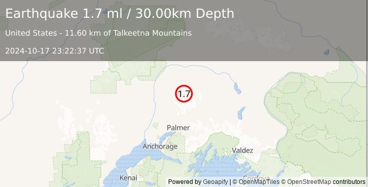 Earthquake 53 km ENE of Susitna North, Alaska (1.7 ml) (2024-10-17 23:22:37 UTC)