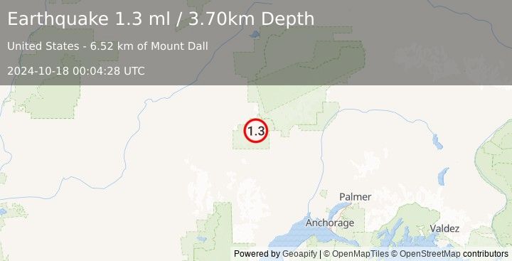 Earthquake 72 km W of Petersville, Alaska (1.3 ml) (2024-10-18 00:04:28 UTC)