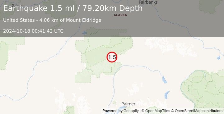 Earthquake 72 km WSW of Cantwell, Alaska (1.5 ml) (2024-10-18 00:41:42 UTC)