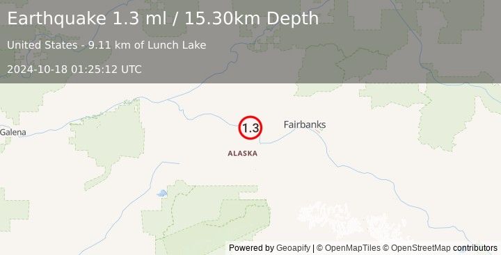 Earthquake 25 km NW of Four Mile Road, Alaska (1.3 ml) (2024-10-18 01:25:12 UTC)