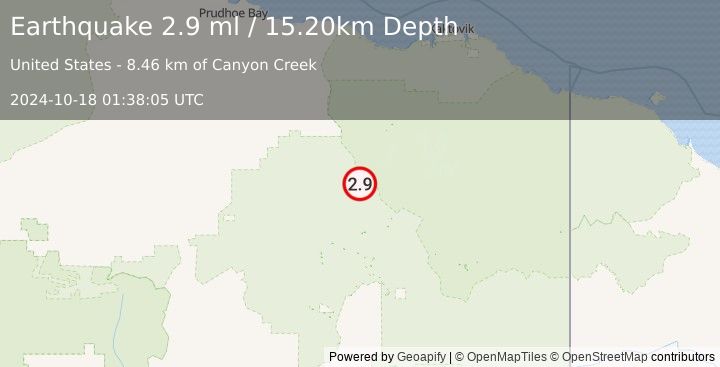 Earthquake 90 km N of Arctic Village, Alaska (2.9 ml) (2024-10-18 01:38:05 UTC)