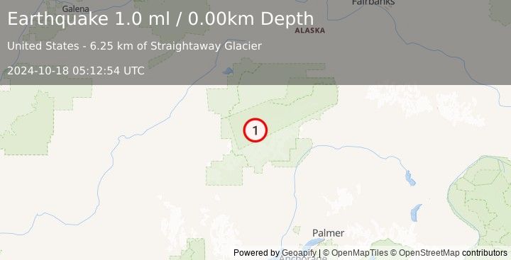 Earthquake 54 km SSE of Denali National Park, Alaska (1.0 ml) (2024-10-18 05:12:54 UTC)