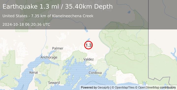 Earthquake 35 km SE of Nelchina, Alaska (1.3 ml) (2024-10-18 06:20:36 UTC)