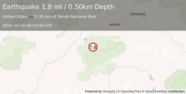 Earthquake 11 km NE of Denali National Park, Alaska (1.8 ml) (2024-10-18 06:53:48 UTC)