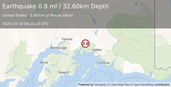 Earthquake 47 km SSE of Glacier View, Alaska (0.8 ml) (2024-10-18 08:20:10 UTC)