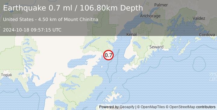 Earthquake 62 km W of Anchor Point, Alaska (0.7 ml) (2024-10-18 09:57:15 UTC)