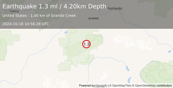 Earthquake 68 km W of Cantwell, Alaska (1.3 ml) (2024-10-18 10:56:28 UTC)