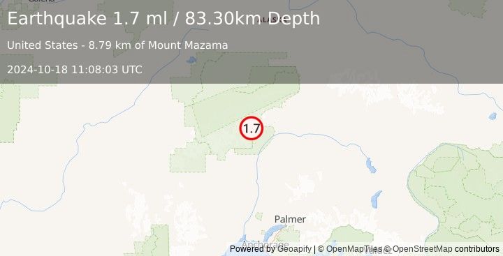 Earthquake 53 km NNE of Petersville, Alaska (1.7 ml) (2024-10-18 11:08:03 UTC)