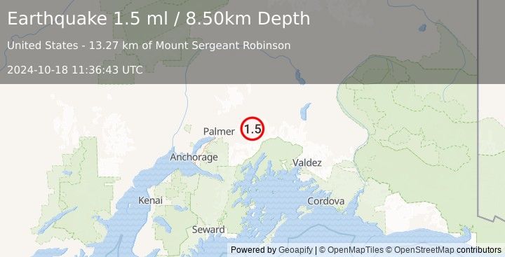 Earthquake 27 km SE of Chickaloon, Alaska (1.5 ml) (2024-10-18 11:36:43 UTC)