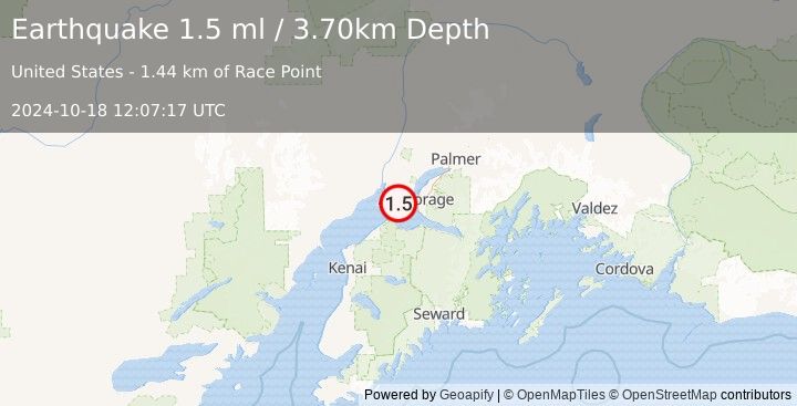 Earthquake 19 km WSW of Anchorage, Alaska (1.5 ml) (2024-10-18 12:07:17 UTC)