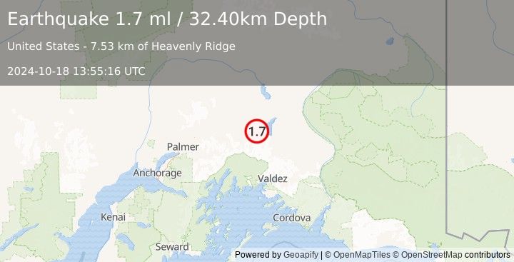 Earthquake 18 km S of Nelchina, Alaska (1.7 ml) (2024-10-18 13:55:16 UTC)