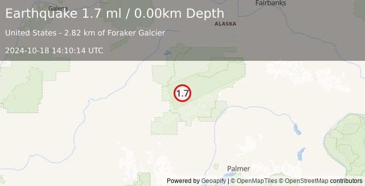 Earthquake 48 km S of Denali National Park, Alaska (1.7 ml) (2024-10-18 14:10:14 UTC)