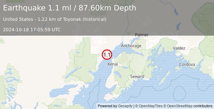 Earthquake 31 km NW of Nikiski, Alaska (1.1 ml) (2024-10-18 17:05:59 UTC)