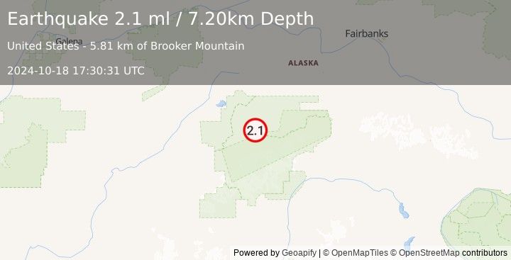 Earthquake 28 km E of Denali National Park, Alaska (2.1 ml) (2024-10-18 17:30:31 UTC)