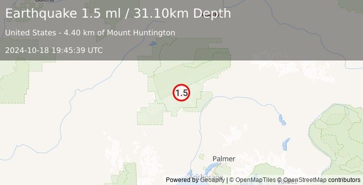 Earthquake 50 km NNW of Petersville, Alaska (1.5 ml) (2024-10-18 19:45:39 UTC)