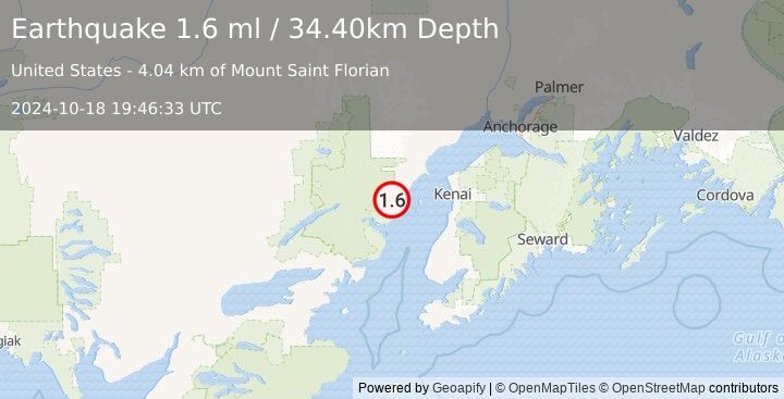 Earthquake 65 km WSW of Salamatof, Alaska (1.6 ml) (2024-10-18 19:46:33 UTC)