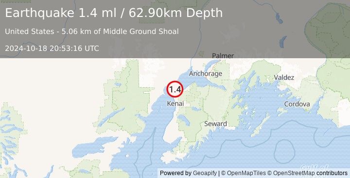 Earthquake 20 km N of Nikiski, Alaska (1.4 ml) (2024-10-18 20:53:16 UTC)