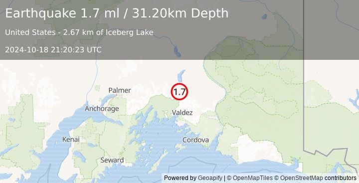 Earthquake 49 km SSE of Nelchina, Alaska (1.7 ml) (2024-10-18 21:20:23 UTC)