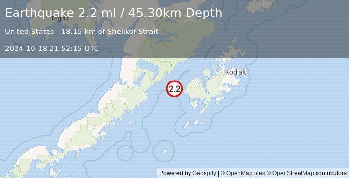 Earthquake 48 km WSW of Karluk, Alaska (2.2 ml) (2024-10-18 21:52:15 UTC)