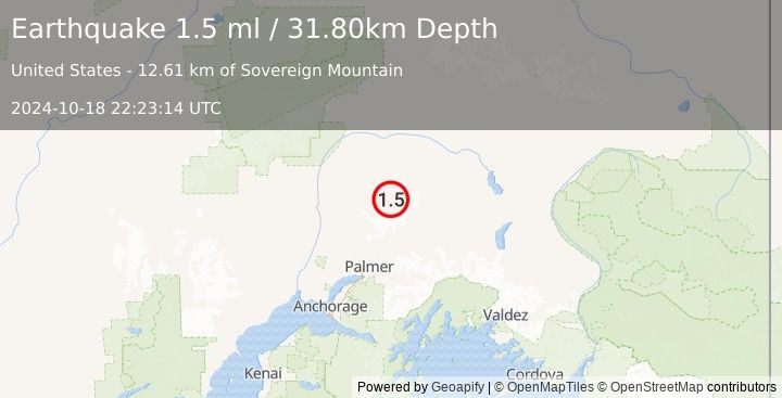 Earthquake 50 km NNW of Chickaloon, Alaska (1.5 ml) (2024-10-18 22:23:14 UTC)