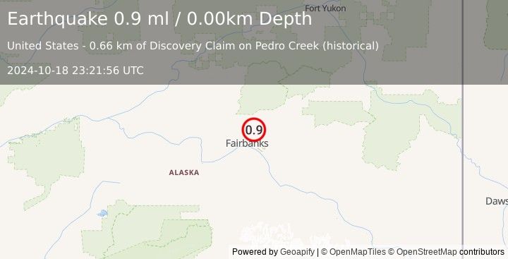 Earthquake 8 km NE of Fox, Alaska (0.9 ml) (2024-10-18 23:21:56 UTC)