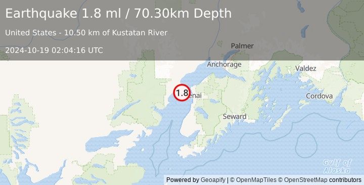 Earthquake 22 km W of Salamatof, Alaska (1.8 ml) (2024-10-19 02:04:16 UTC)