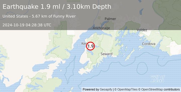 Earthquake 8 km SSW of Funny River, Alaska (1.9 ml) (2024-10-19 04:28:38 UTC)