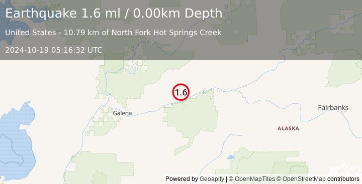 Earthquake 68 km NE of Ruby, Alaska (1.6 ml) (2024-10-19 05:16:32 UTC)