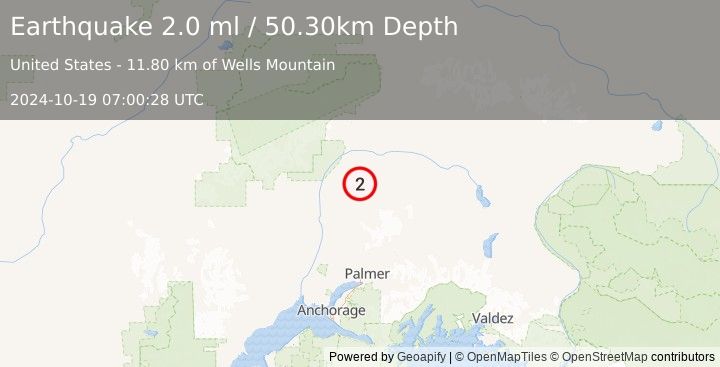 Earthquake 43 km E of Chase, Alaska (2.0 ml) (2024-10-19 07:00:28 UTC)