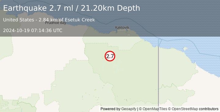 Earthquake 86 km SSW of Kaktovik, Alaska (2.7 ml) (2024-10-19 07:14:36 UTC)