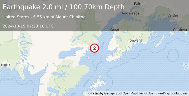 Earthquake 60 km W of Anchor Point, Alaska (2.0 ml) (2024-10-19 07:23:16 UTC)