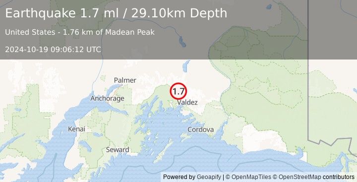 Earthquake 33 km NW of Valdez, Alaska (1.7 ml) (2024-10-19 09:06:12 UTC)