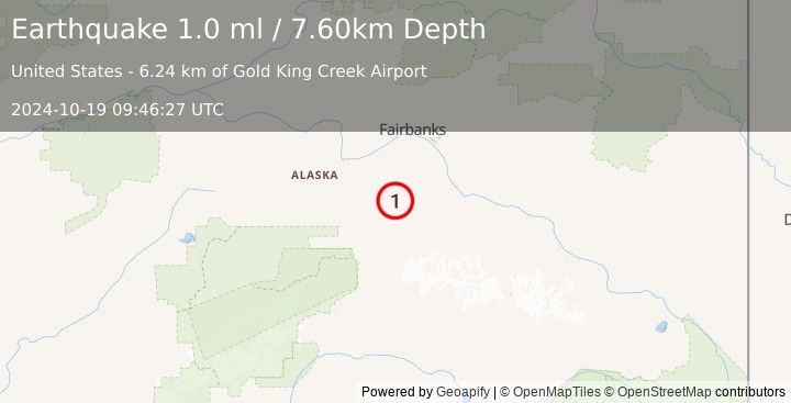 Earthquake 54 km E of Clear, Alaska (1.0 ml) (2024-10-19 09:46:27 UTC)