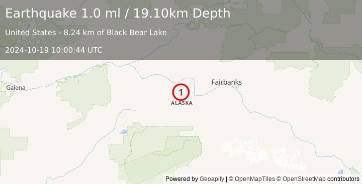 Earthquake 28 km W of Four Mile Road, Alaska (1.0 ml) (2024-10-19 10:00:44 UTC)