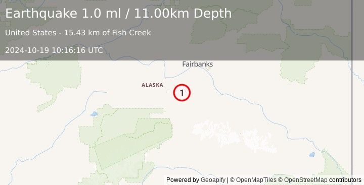 Earthquake 38 km E of Anderson, Alaska (1.0 ml) (2024-10-19 10:16:16 UTC)