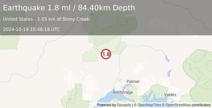 Earthquake 20 km WNW of Petersville, Alaska (1.8 ml) (2024-10-19 10:46:18 UTC)