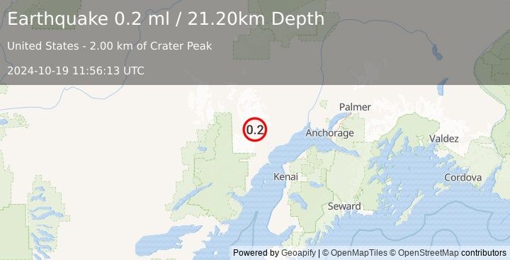 Earthquake 61 km WNW of Tyonek, Alaska (0.2 ml) (2024-10-19 11:56:13 UTC)