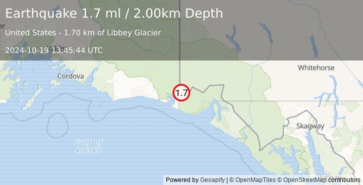 Earthquake 97 km NW of Yakutat, Alaska (1.7 ml) (2024-10-19 13:45:44 UTC)