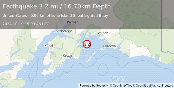 Earthquake 51 km ESE of Whittier, Alaska (3.2 ml) (2024-10-19 15:03:46 UTC)