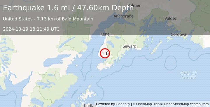 Earthquake 9 km N of Fritz Creek, Alaska (1.6 ml) (2024-10-19 18:11:49 UTC)