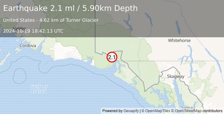 Earthquake 66 km N of Yakutat, Alaska (2.1 ml) (2024-10-19 18:42:13 UTC)