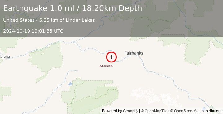 Earthquake 15 km NNW of Four Mile Road, Alaska (1.0 ml) (2024-10-19 19:01:35 UTC)