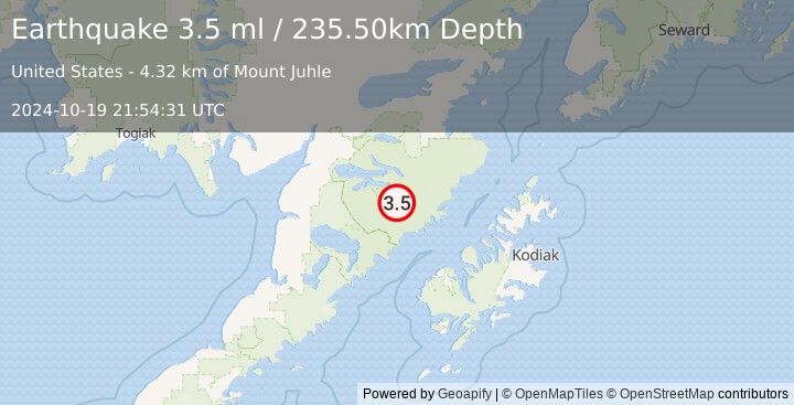 Earthquake 95 km NNW of Karluk, Alaska (3.5 ml) (2024-10-19 21:54:31 UTC)