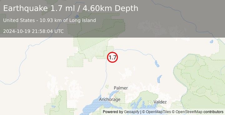 Earthquake 26 km NE of Chase, Alaska (1.7 ml) (2024-10-19 21:58:04 UTC)