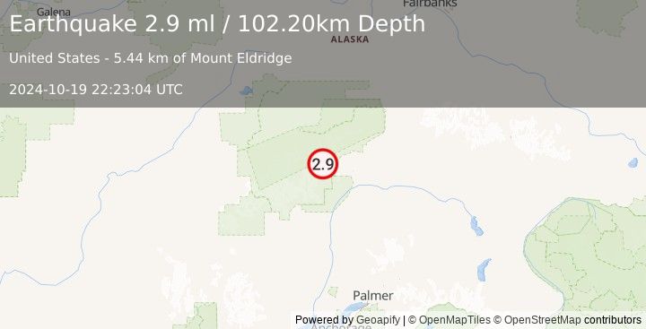 Earthquake 69 km NNE of Petersville, Alaska (2.9 ml) (2024-10-19 22:23:04 UTC)